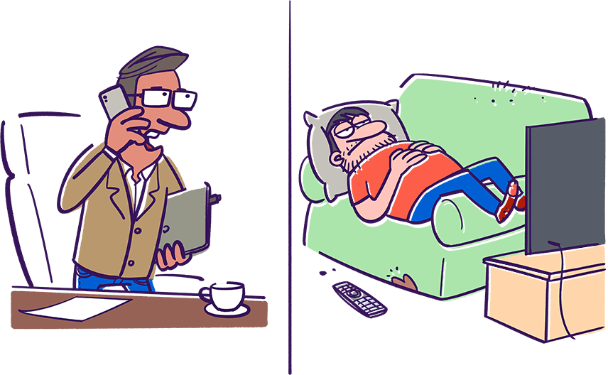 Ilustratīva karikatūra: uzņēmējs, un slinks cilvēks, kurš guļ dīvānā un skatās televizoru.