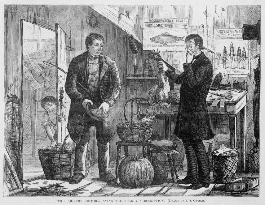 Attēls no žurnāla Harper's Weekly, kur stāv divi vīrieši, vienam rokā vista, lai samaksātu par avīzes abonēšanu.
