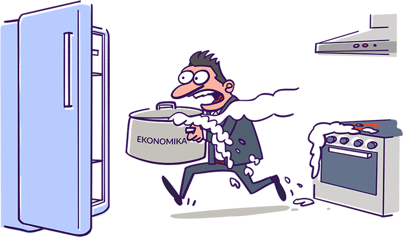 Ilustratīva karikatūra: cilvēks pārkarsušu ekonomikas podu nes atdzesēties ledusskapī.